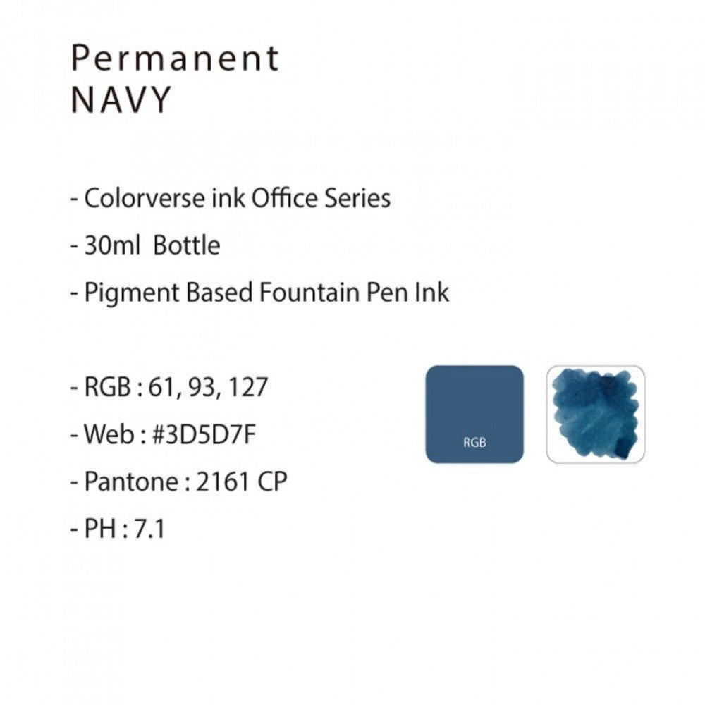 Colorverse Office Series Permanent Navy Fountain Pen Waterproof Ink 30ml - SCOOBOO - NO.91-TGM - Ink