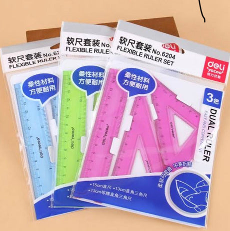 Deli Ruler 3Pcs Plastic Triangle Ruler Student Stationery Set - SCOOBOO - W6204 - Ruler set