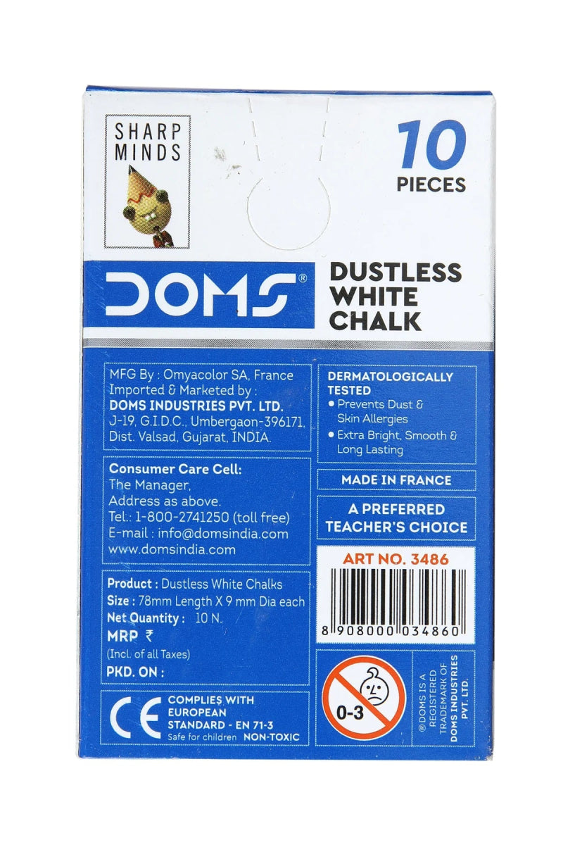 Doms Dustless Chalk White Pack Of 10Pcs - SCOOBOO - 3486 - Pastel Chalks