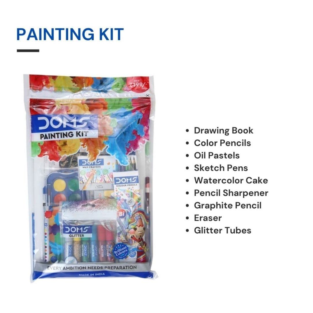 Flipkart.com | DOMS DRAWING BOOK +12 SHADE COLOUR BOOK WATER CAKES +12 BI  COLOUR PENCILS+12 OIL PASTELS +12 EXTRALONG WAX CRAYONS +6 GILLITERS  +PENCIL KIT +12 WATER COLOUR PENS (SMALL) WITH DORIMOON PRINTED PENCIL  POUCH - ART