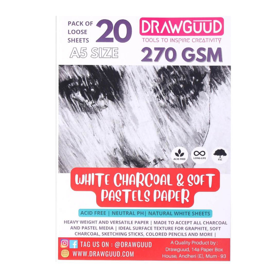 Drawguud White Charcoal & Soft Pastels Papers A4 - SCOOBOO - 146-DW-Charcoal-A4 - Loose Sheets