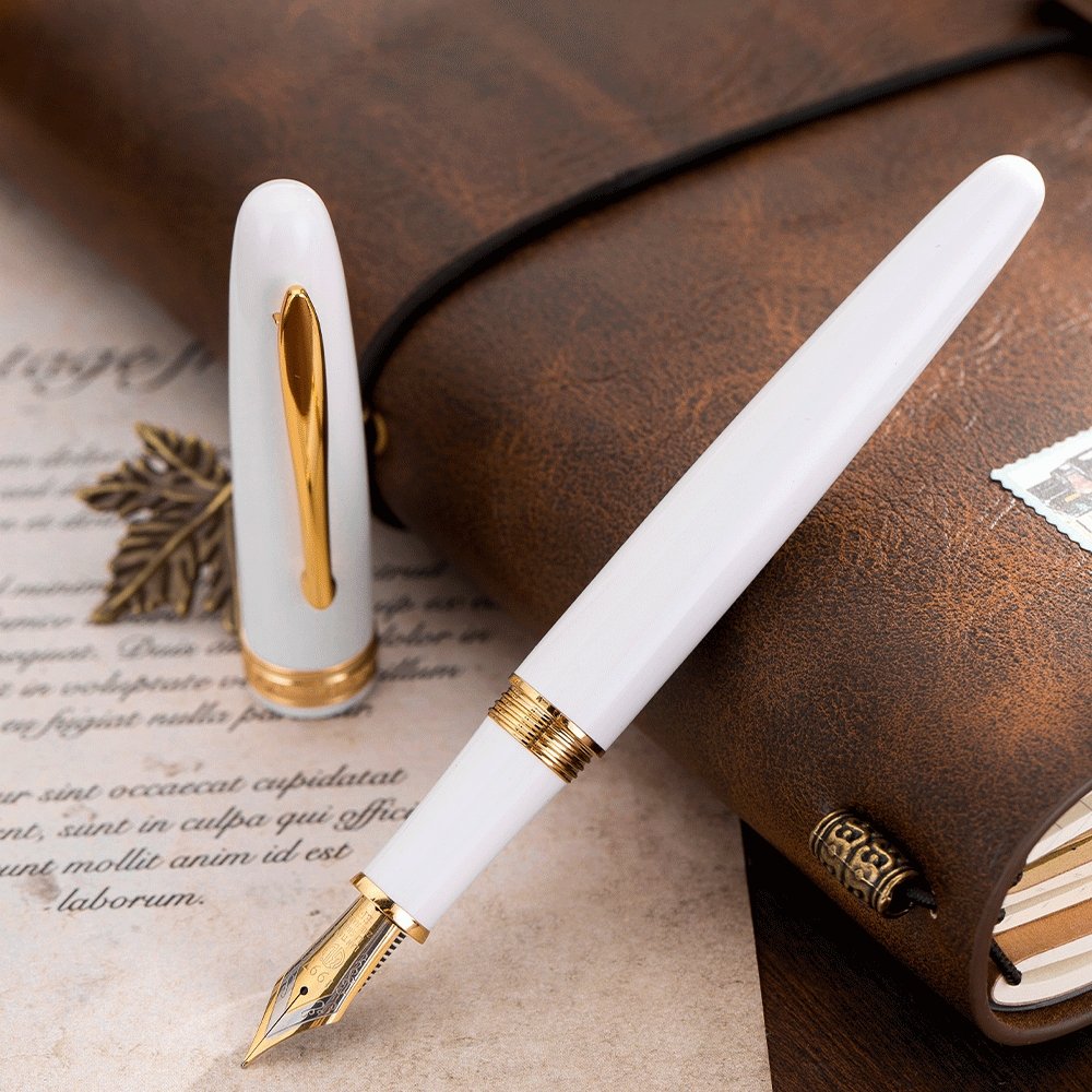HongDian 920 White Metal Fountain Pen - Gold Plated Fine Nib Pen With Converter, Smooth Writing For Daily Use