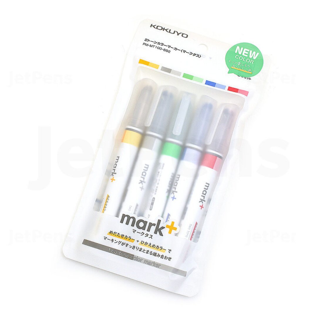 Kokuyo Highlighter Pen 2 Tone Mark Plus Set of 5 - SCOOBOO - PM-MT100-5S2 - Highlighter