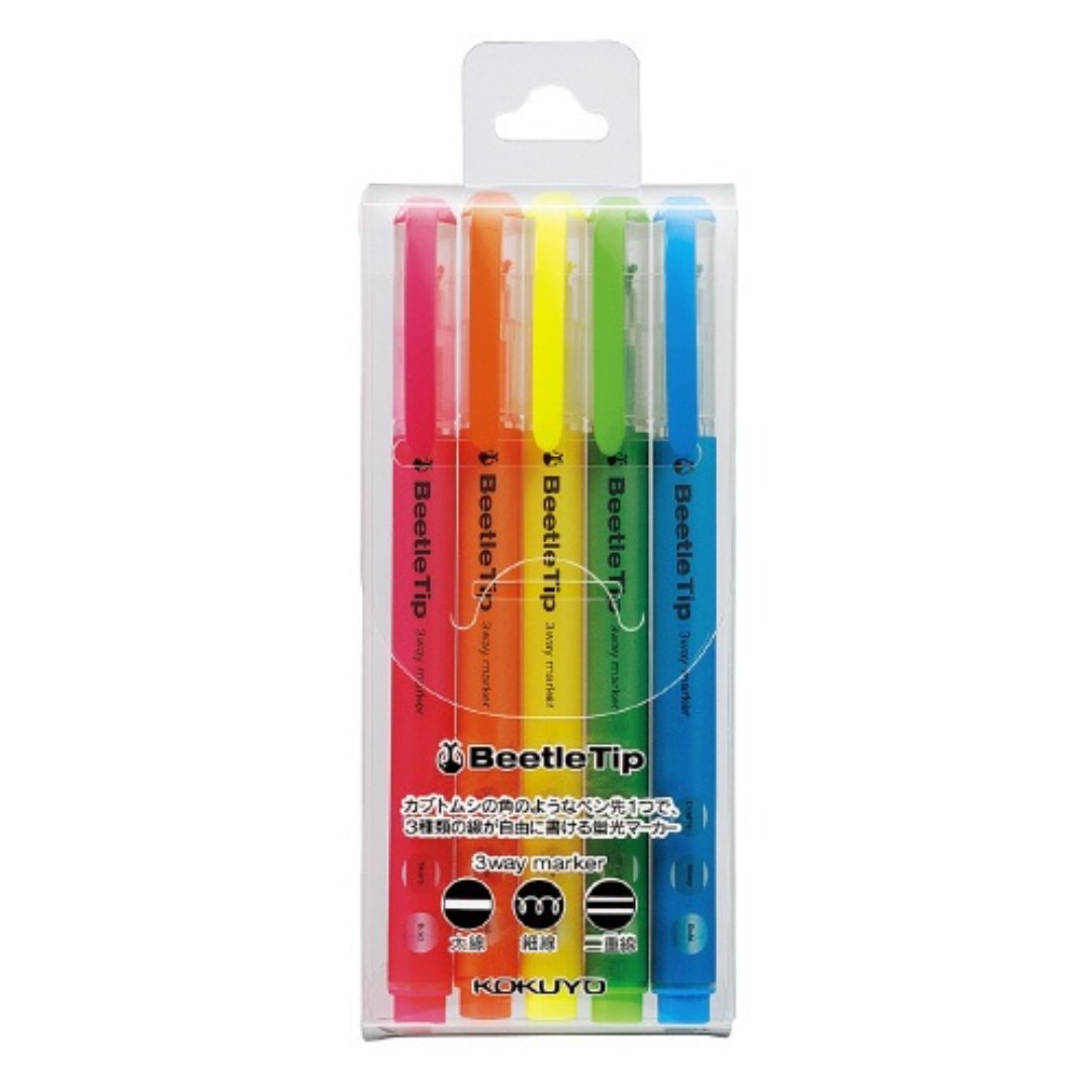 Kokuyo Three-way Fluorescent Marker Beetle Tip 5 Color Set - SCOOBOO - PM-L301-5S - Highlighter