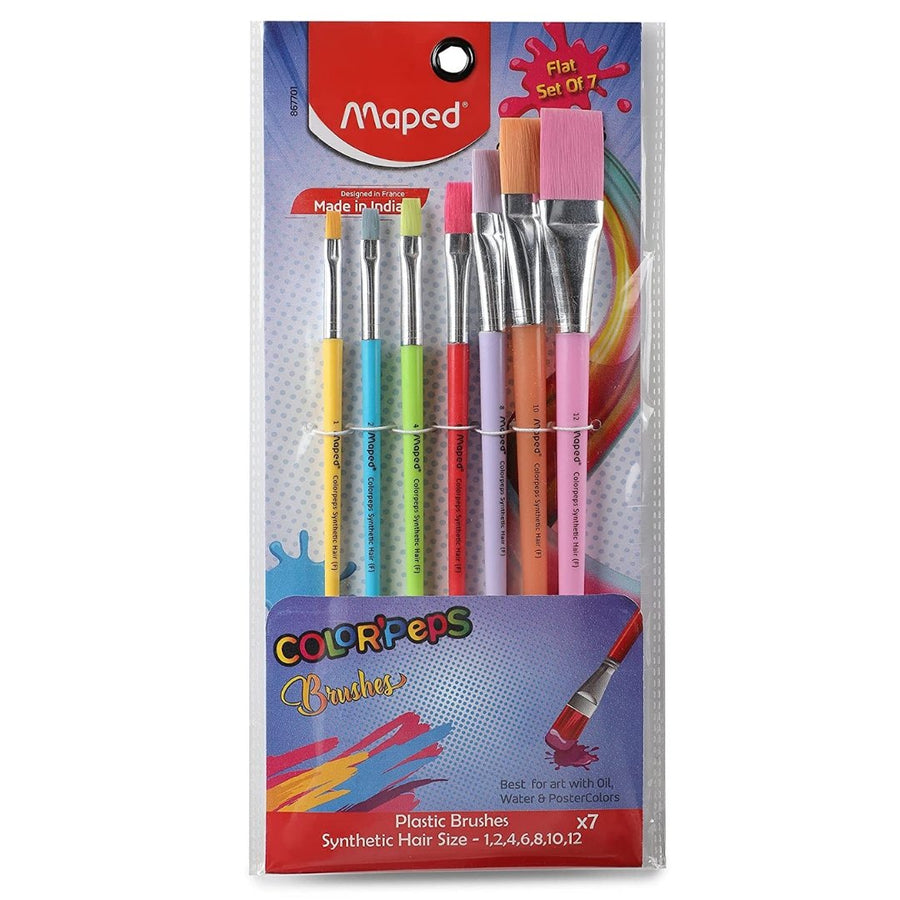 MAPED Color'Peps Synthetic Flat Brushes Set - Pack of 7, Multicolour - SCOOBOO - 867701 - Brushes