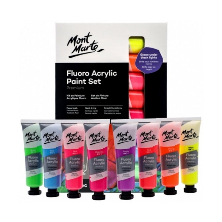 Mont Marte Fluro Acrylic Paint 8pc x 36ml - SCOOBOO - 81444 - Acrylic paints