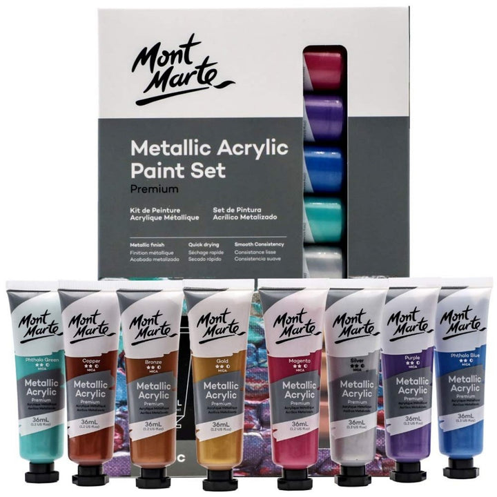 Mont Marte Metallic Acrylic Paint Set 8pc x 36ml - SCOOBOO - 81512 - Acrylic paints