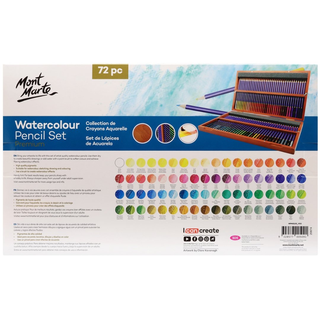 Mont Marte Premium Watercolour Pencils 72 Piece In Wooden Box - SCOOBOO - 81533 - Water Colors