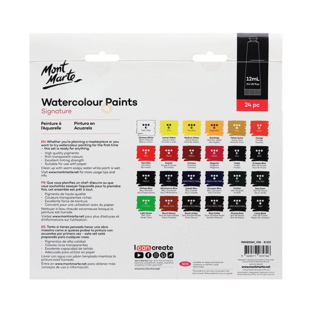 Mont Marte Water Colour Paints 12ml Set of 24 - SCOOBOO - 81510 - Water Colors