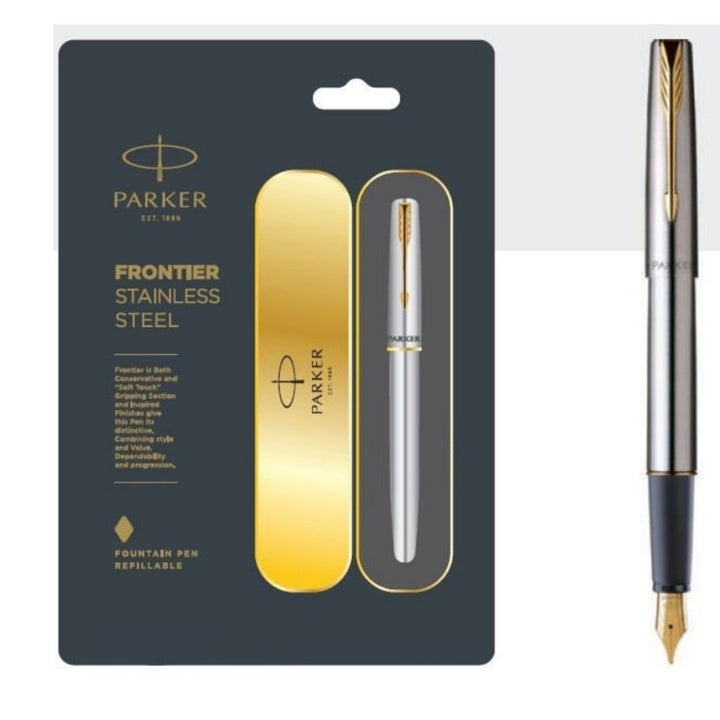 Parker Frontier Stainless Steel Gold Trim Fountain Pen - SCOOBOO - Fountain Pen