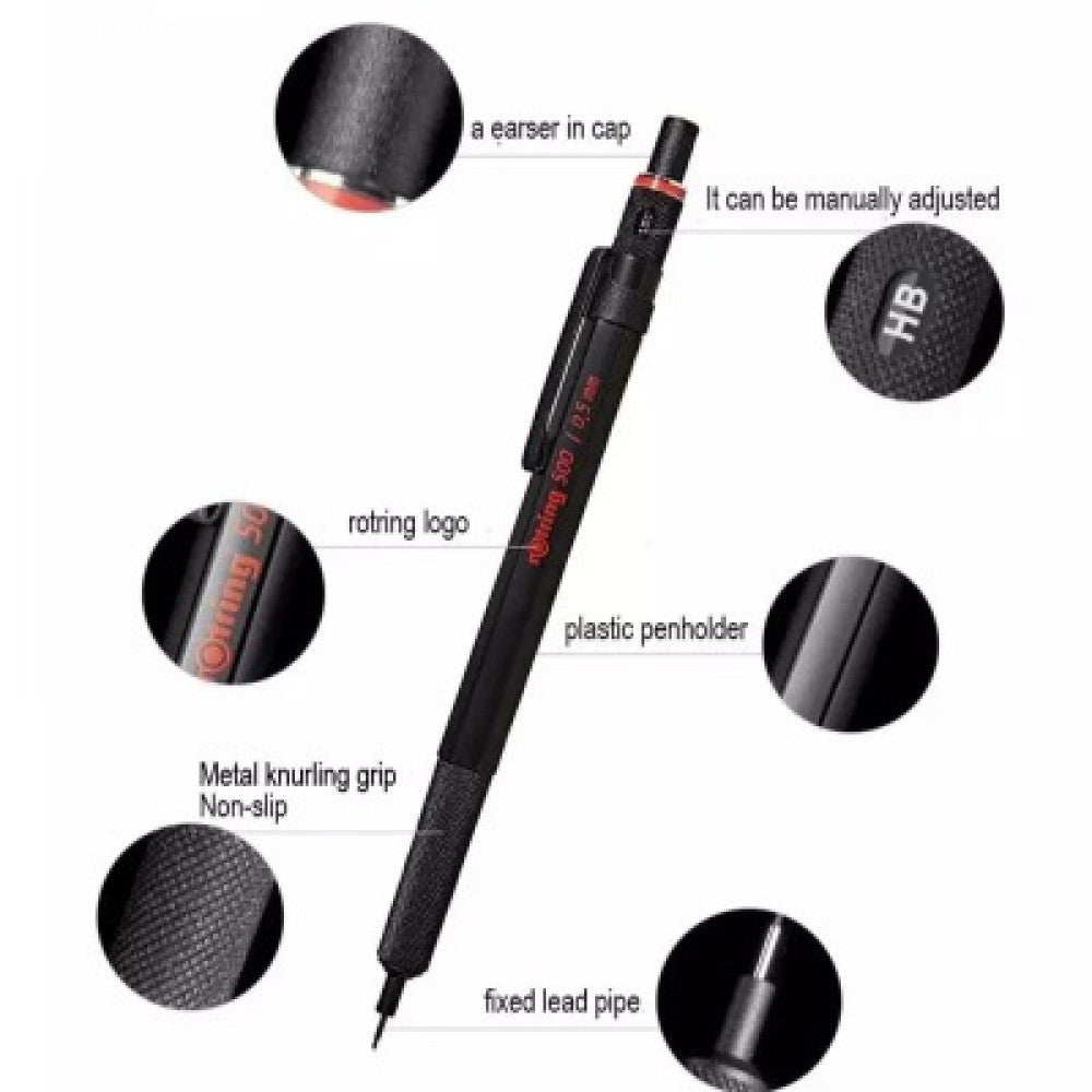 Rotring 500 Black 0.7mm Mechanical Pencil,Metal Knurling Grip,Fixed ...