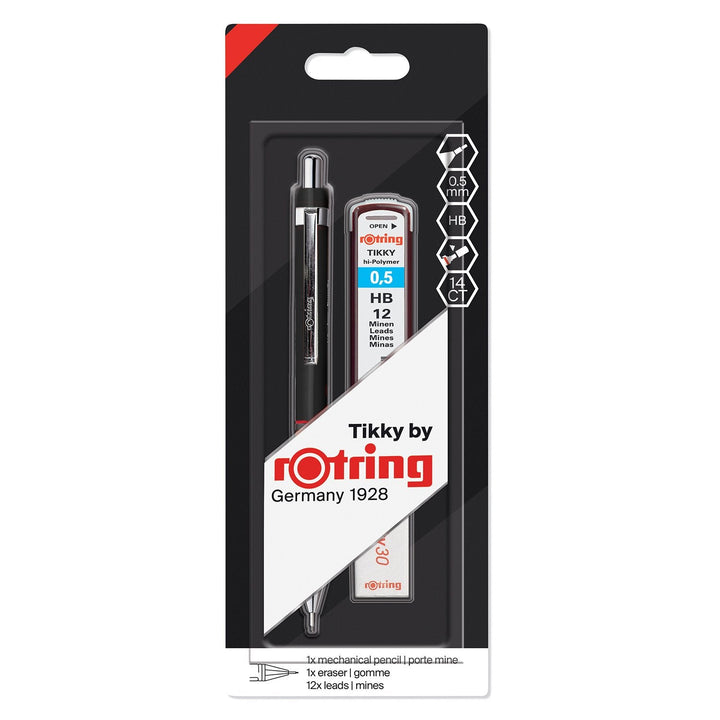 Rotring Tikky Black Barrel 0.5 & 0.7mm Mechanical Pencil, Spare Leads and Eraser - SCOOBOO - 1904817 - Mechanical Pencil