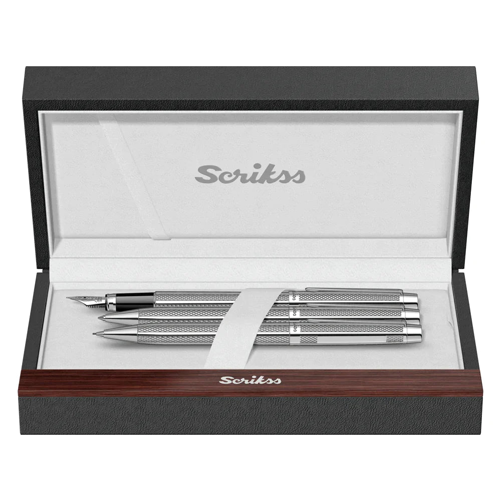 Scrikss Venus 722 Chrome CT Fountain+ Ballpoint Pen+ Mechanical Pencil Set - SCOOBOO - 71660 - Fountain pen