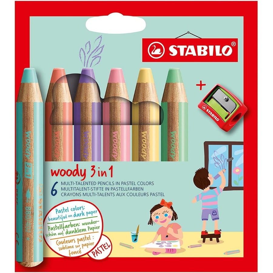 Stabilo Woody Pastel 3-in-1 Wallet of 6 Assorted Colours - SCOOBOO - 8806-3 - Coloured Pencils
