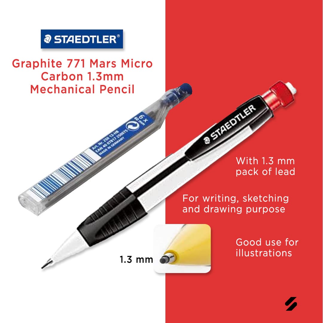 Staedtler Graphite 771 Mars Micro Carbon 1.3mm Mechanical Pencil (white barrel) with Lead box - SCOOBOO - 771 - Mechanical Pencil
